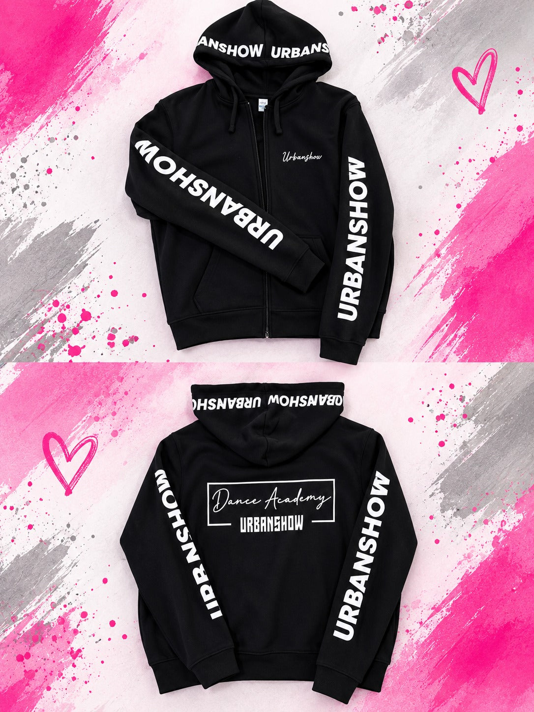 Chaqueta negra con cremallera UrbanShow, vista delantera y trasera